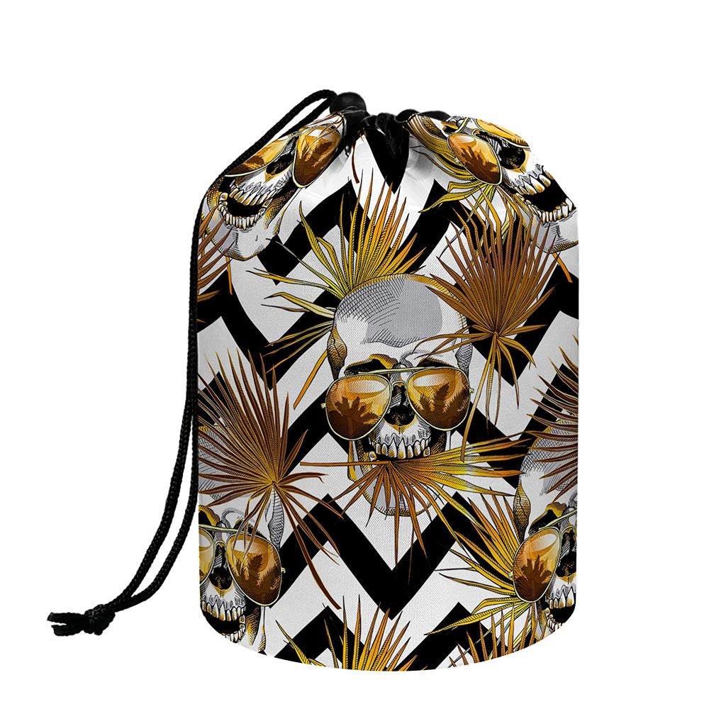 Gold Tropical Skull Pattern Print Drawstring Makeup Bag