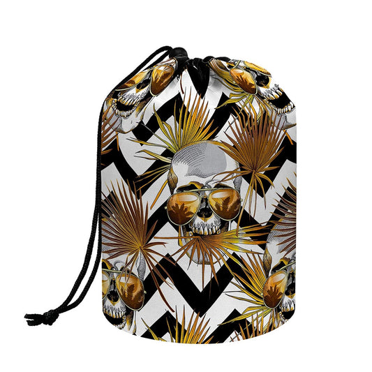 Gold Tropical Skull Pattern Print Drawstring Makeup Bag