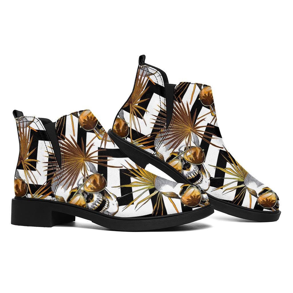 Gold Tropical Skull Pattern Print Flat Ankle Boots