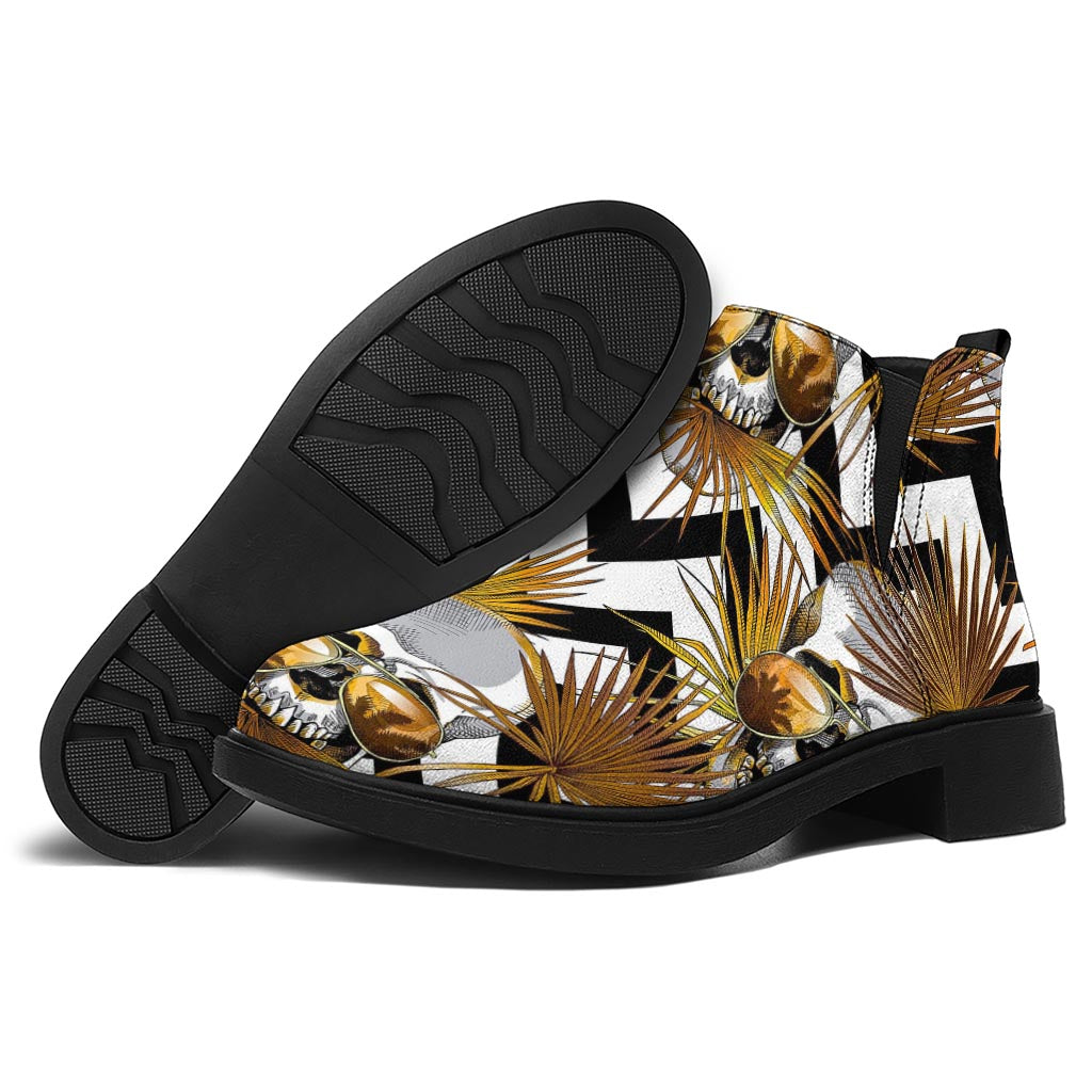 Gold Tropical Skull Pattern Print Flat Ankle Boots