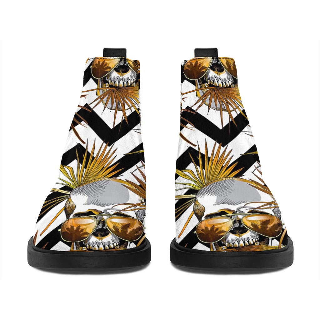 Gold Tropical Skull Pattern Print Flat Ankle Boots