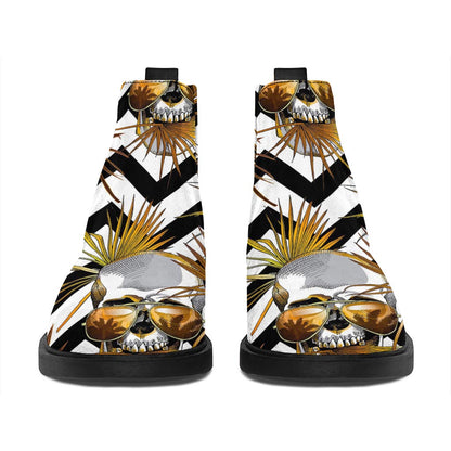 Gold Tropical Skull Pattern Print Flat Ankle Boots