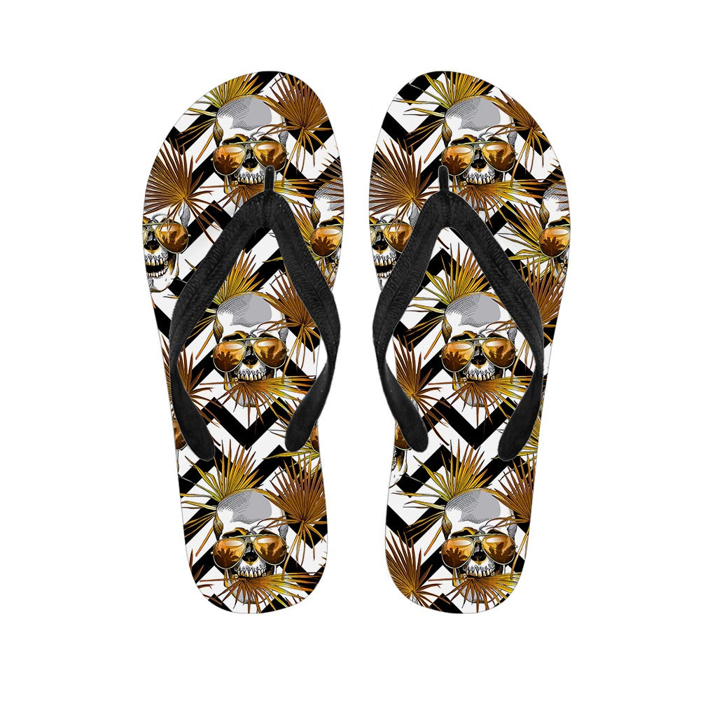 Gold Tropical Skull Pattern Print Flip Flops