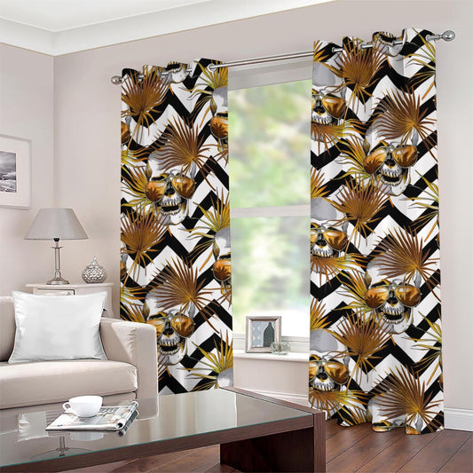 Gold Tropical Skull Pattern Print Grommet Curtains