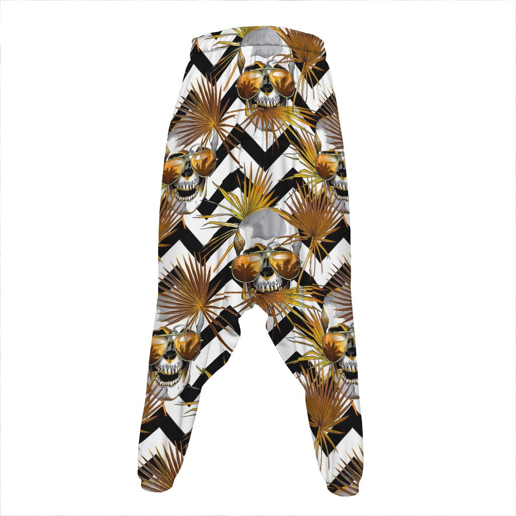 Gold Tropical Skull Pattern Print Hammer Pants
