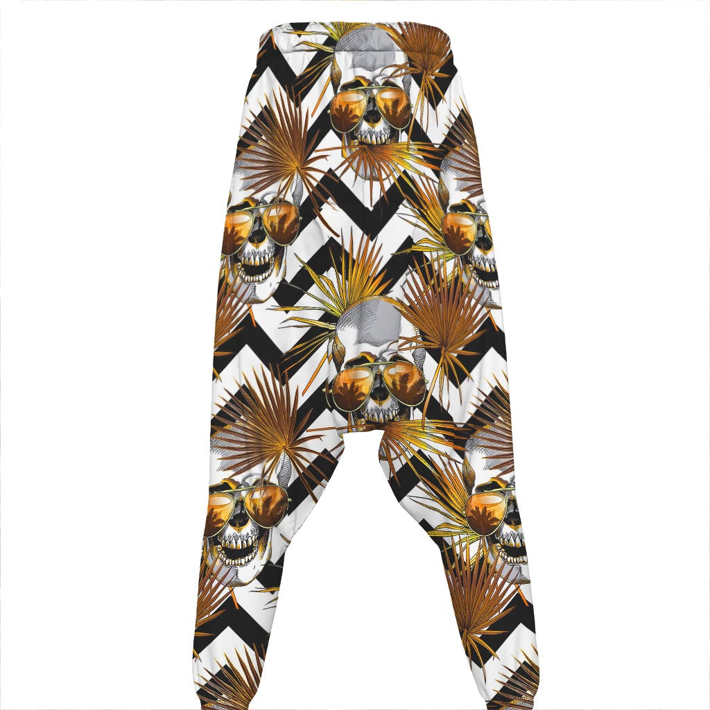 Gold Tropical Skull Pattern Print Hammer Pants