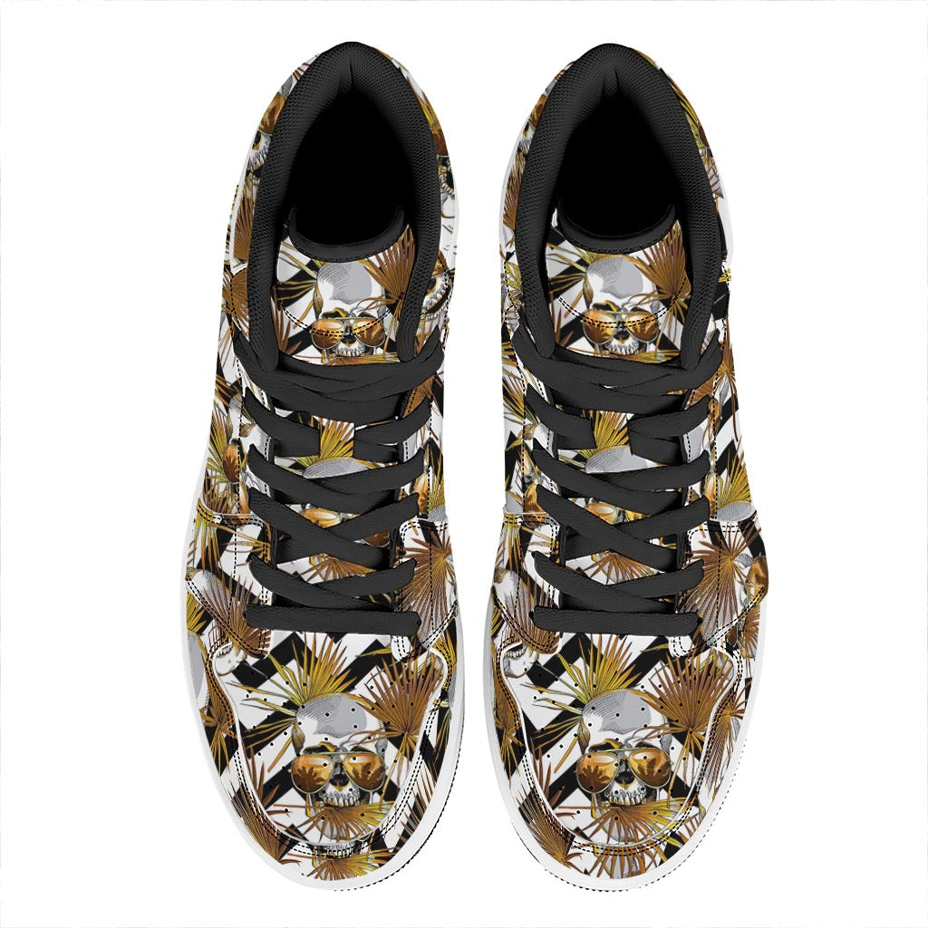 Gold Tropical Skull Pattern Print High Top Leather Sneakers