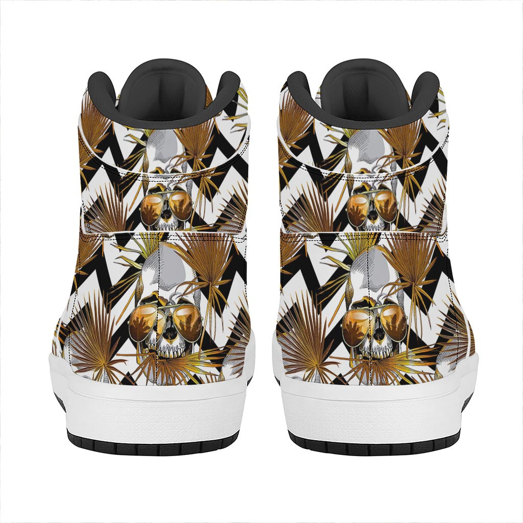 Gold Tropical Skull Pattern Print High Top Leather Sneakers