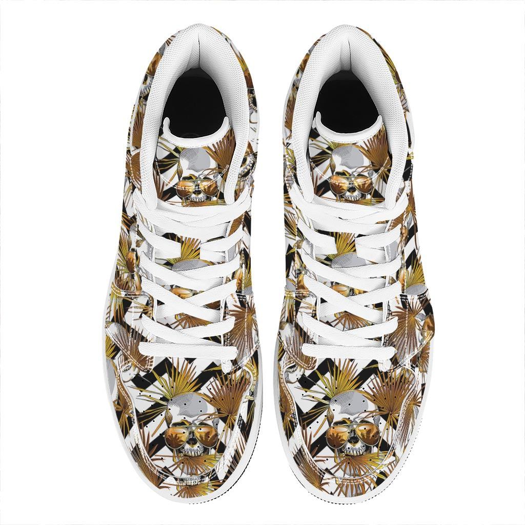 Gold Tropical Skull Pattern Print High Top Leather Sneakers