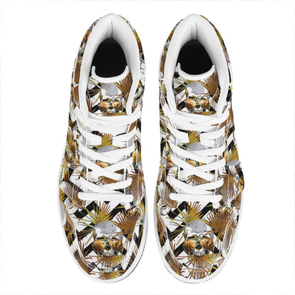 Gold Tropical Skull Pattern Print High Top Leather Sneakers