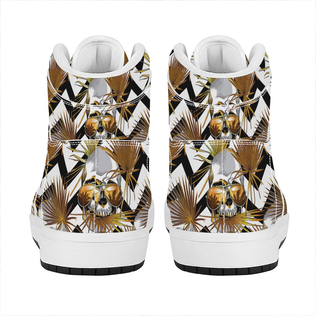 Gold Tropical Skull Pattern Print High Top Leather Sneakers
