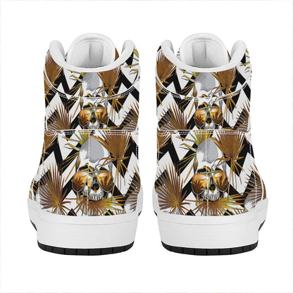 Gold Tropical Skull Pattern Print High Top Leather Sneakers