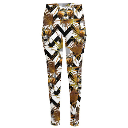 Gold Tropical Skull Pattern Print High-Waisted Pocket Leggings