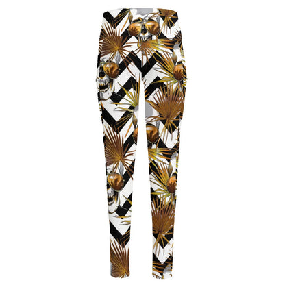 Gold Tropical Skull Pattern Print High-Waisted Pocket Leggings