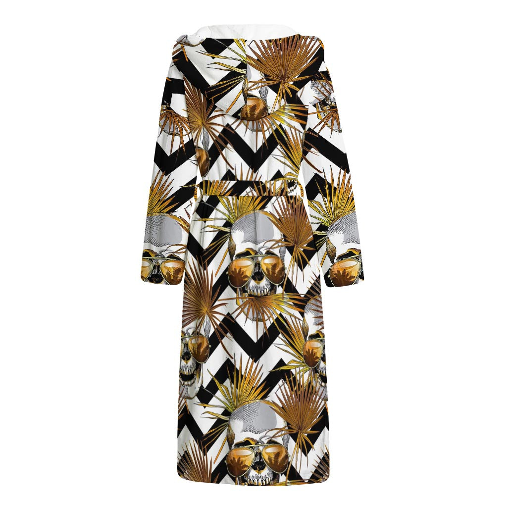 Gold Tropical Skull Pattern Print Hooded Bathrobe