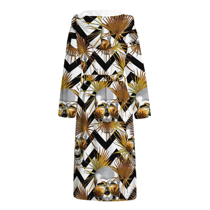 Gold Tropical Skull Pattern Print Hooded Bathrobe