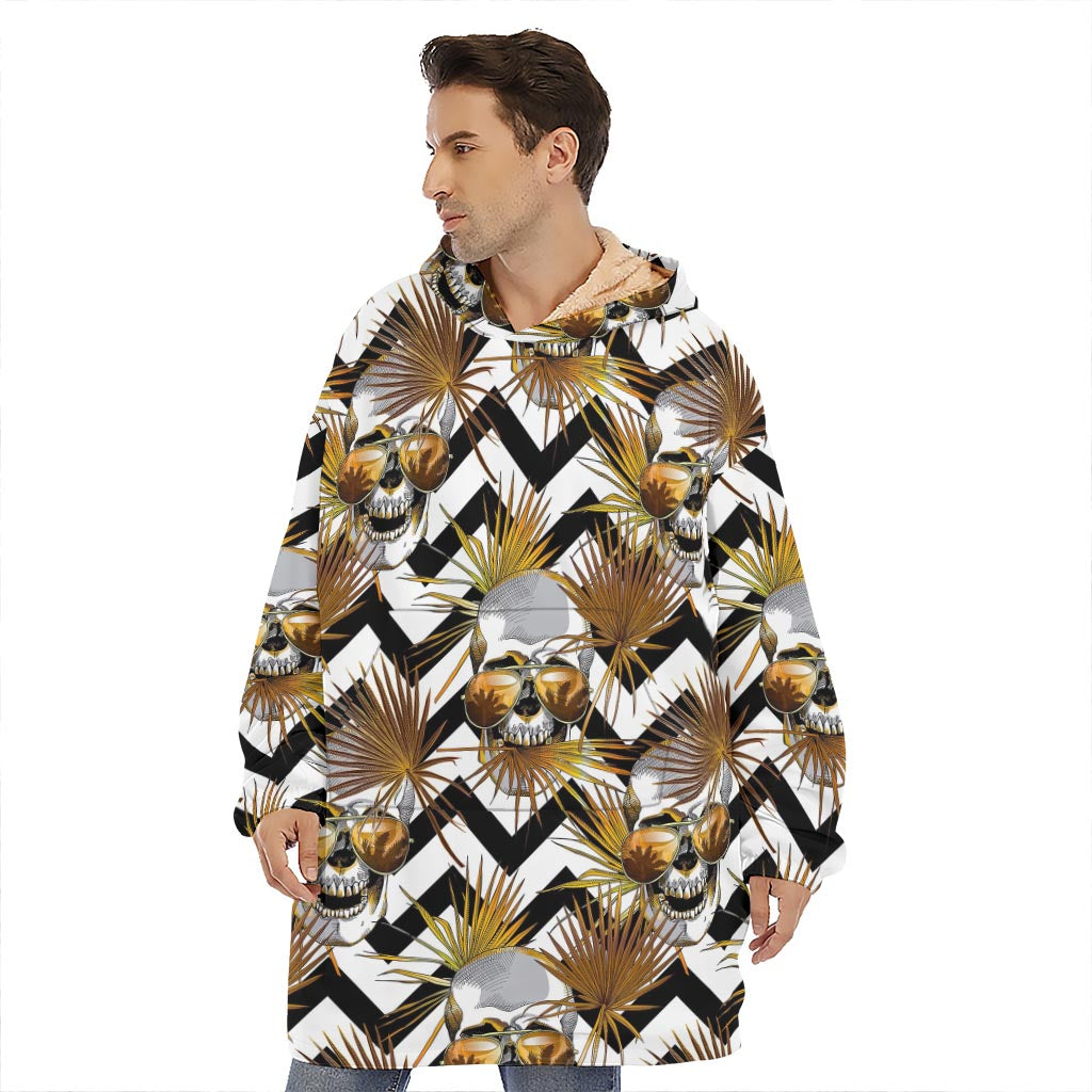 Gold Tropical Skull Pattern Print Hoodie Blanket
