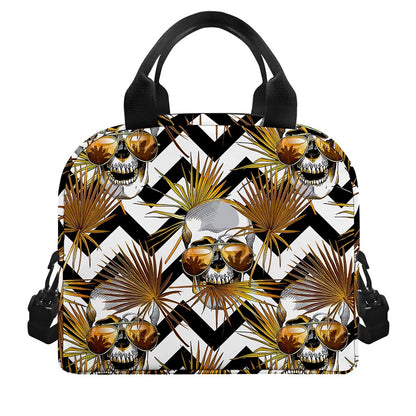 Gold Tropical Skull Pattern Print Insulated Lunch Bag