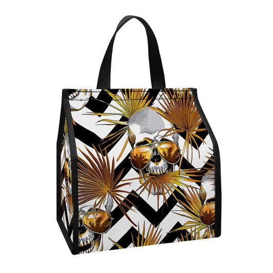 Gold Tropical Skull Pattern Print Insulated Lunch Tote