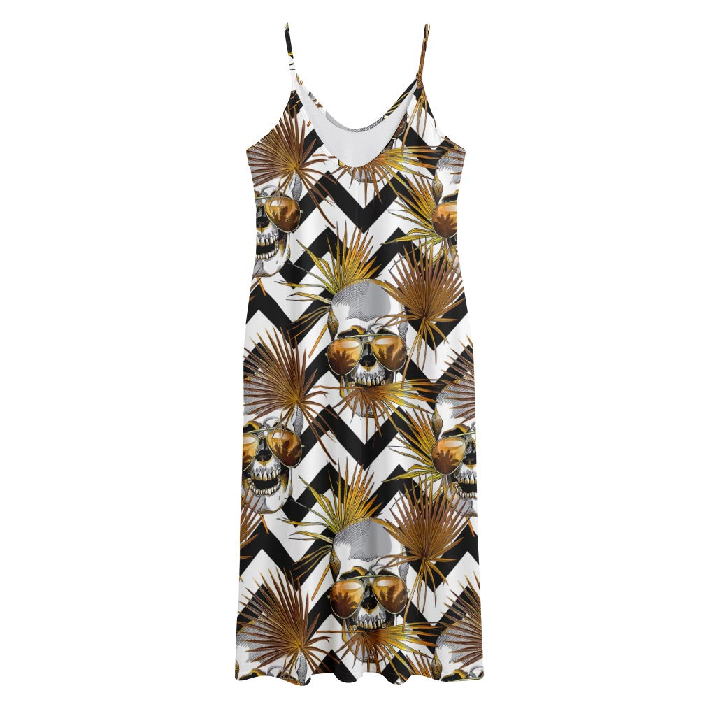 Gold Tropical Skull Pattern Print Jersey Midi Cami Dress