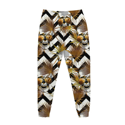 Gold Tropical Skull Pattern Print Jogger Pants