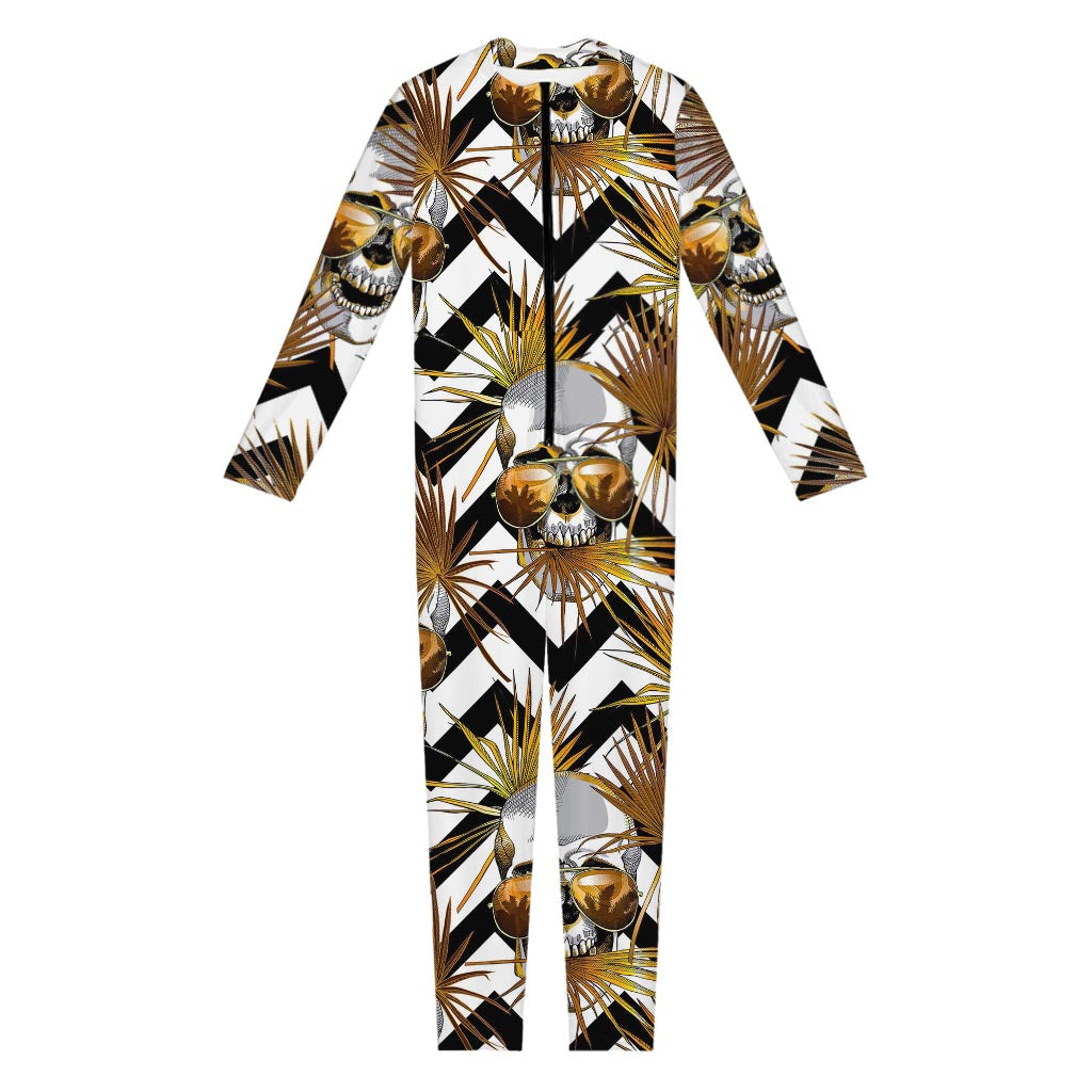 Gold Tropical Skull Pattern Print Jumpsuit