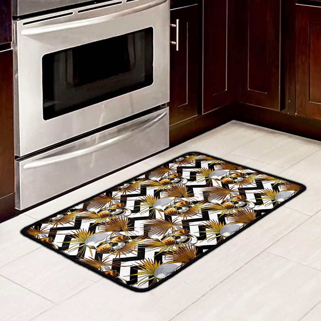 Gold Tropical Skull Pattern Print Kitchen Mat