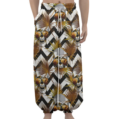 Gold Tropical Skull Pattern Print Lantern Pants