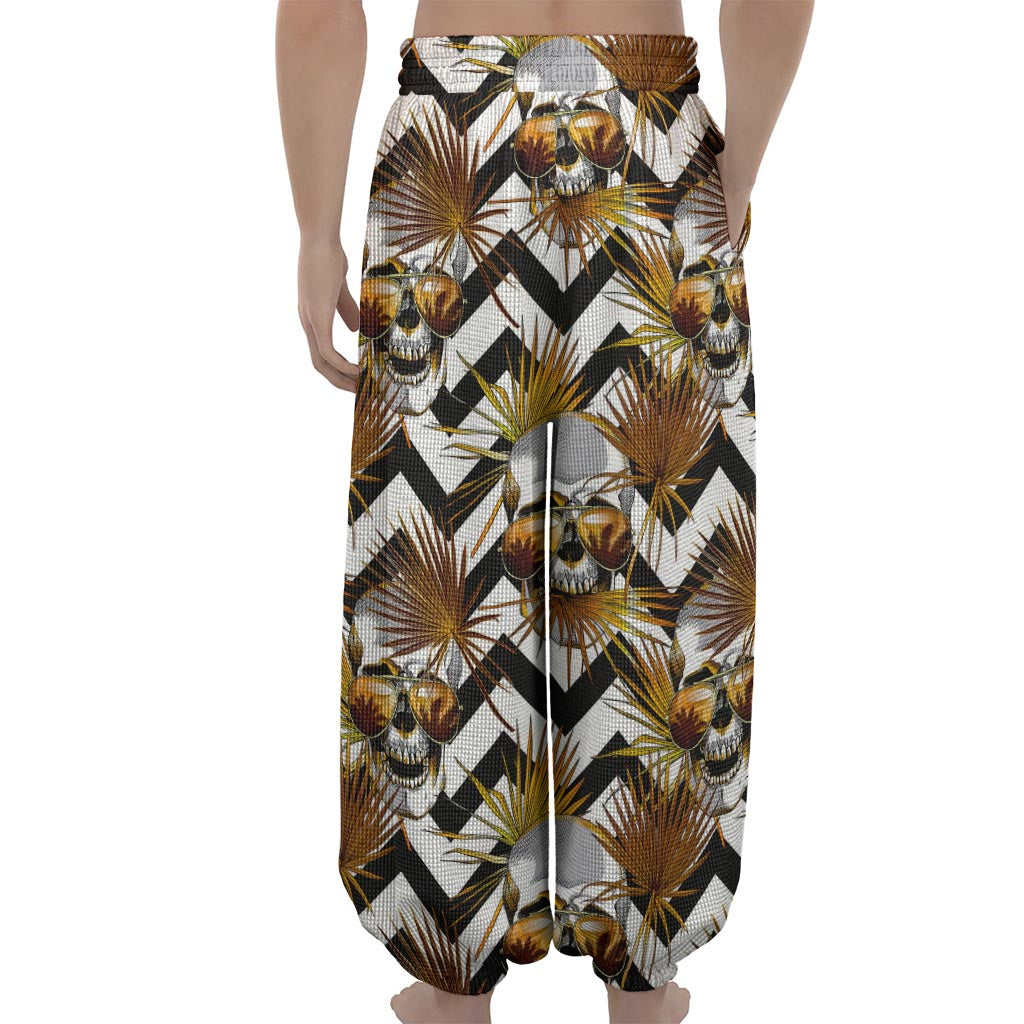 Gold Tropical Skull Pattern Print Lantern Pants