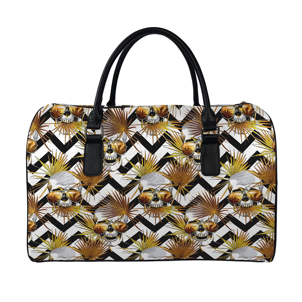 Gold Tropical Skull Pattern Print Leather Duffle Bag