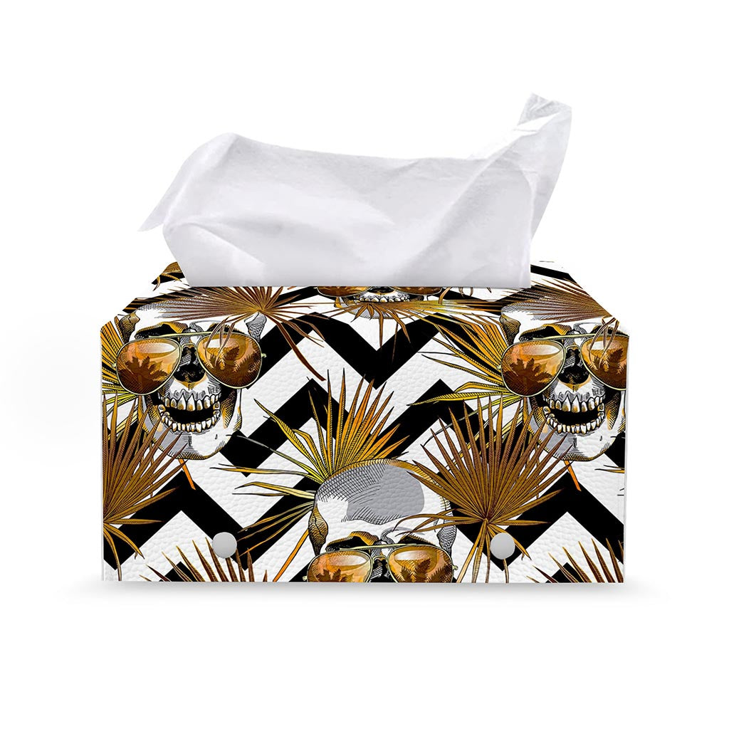 Gold Tropical Skull Pattern Print Leather Tissue Box Cover
