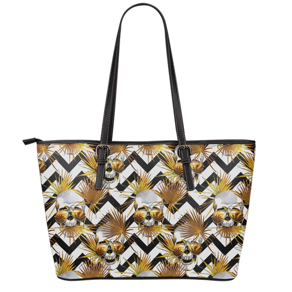 Gold Tropical Skull Pattern Print Leather Tote Bag