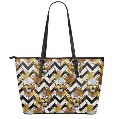 Gold Tropical Skull Pattern Print Leather Tote Bag