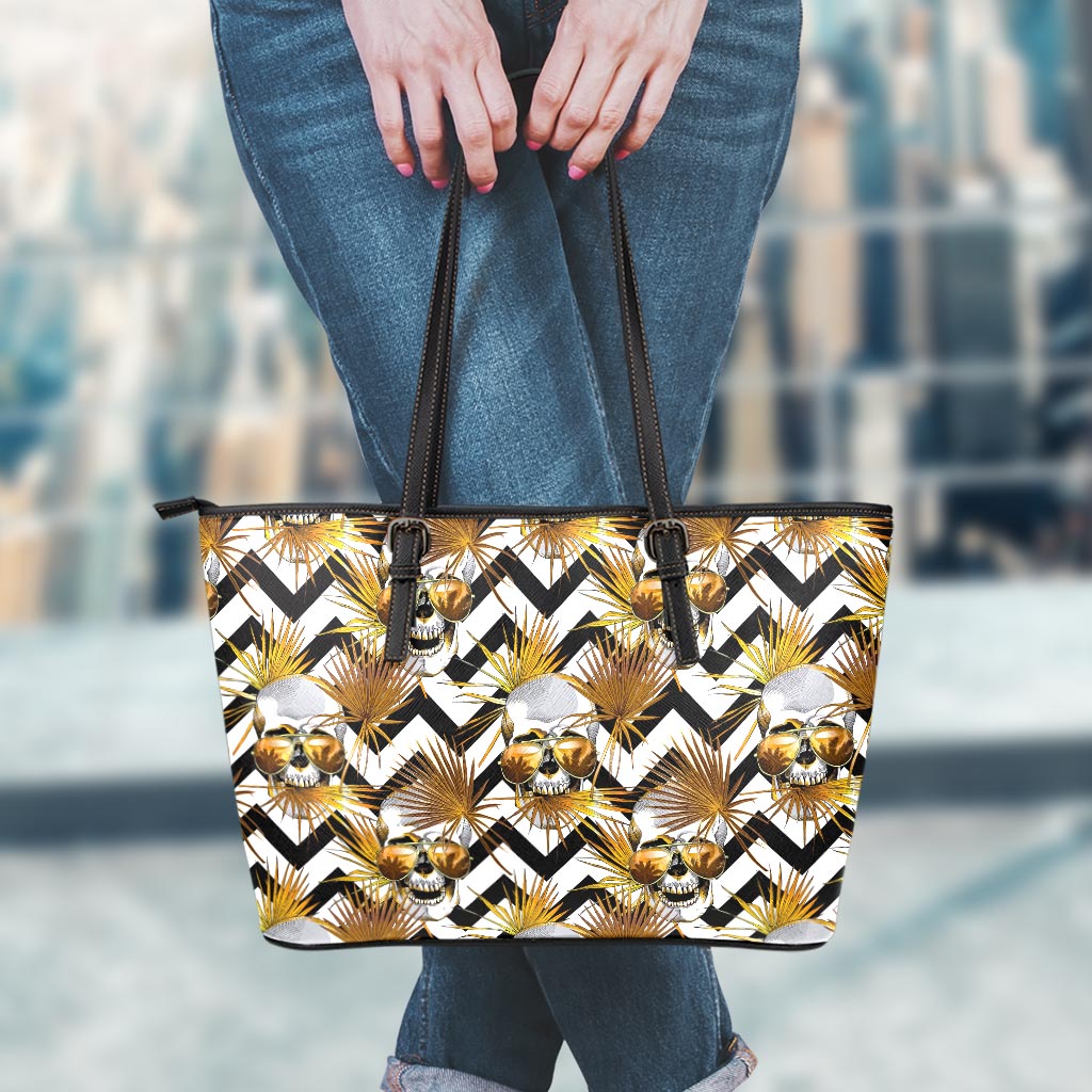 Gold Tropical Skull Pattern Print Leather Tote Bag
