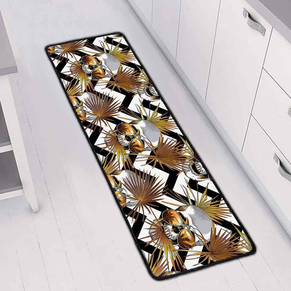 Gold Tropical Skull Pattern Print Long Kitchen Mat