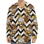 Gold Tropical Skull Pattern Print Long Sleeve Baseball Jersey