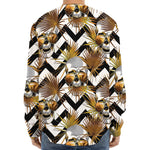 Gold Tropical Skull Pattern Print Long Sleeve Baseball Jersey