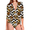 Gold Tropical Skull Pattern Print Long Sleeve Swimsuit
