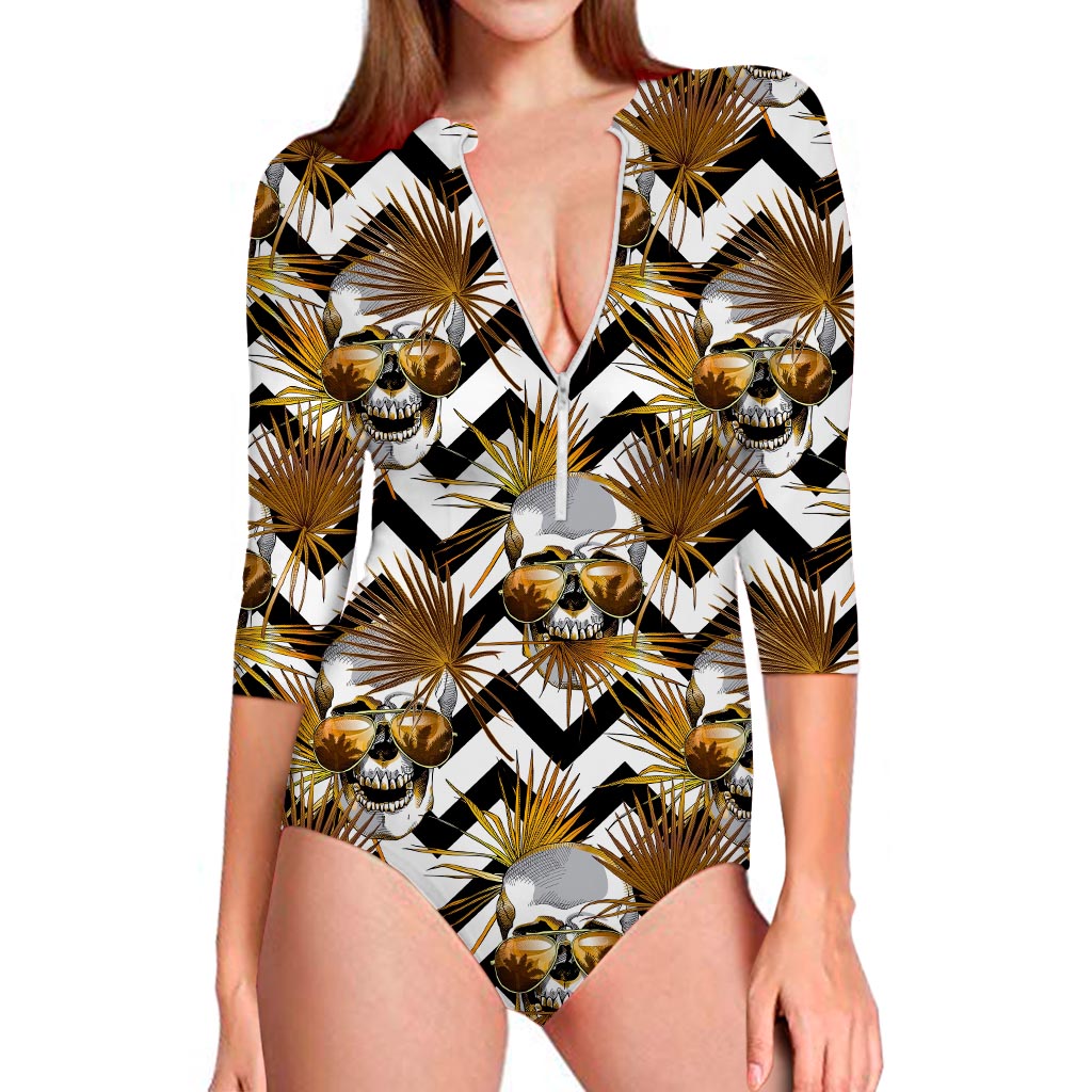 Gold Tropical Skull Pattern Print Long Sleeve Swimsuit