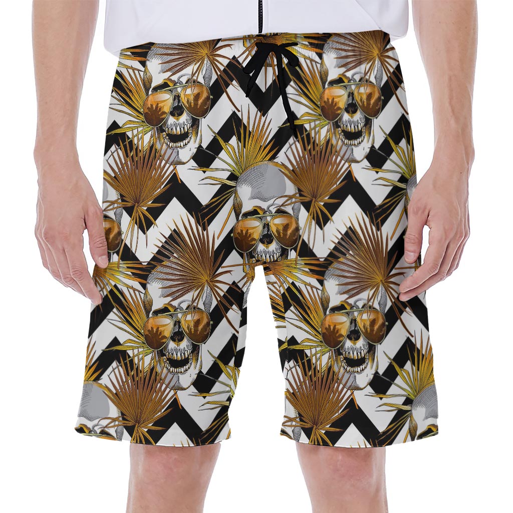 Gold Tropical Skull Pattern Print Men's Beach Shorts