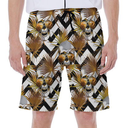 Gold Tropical Skull Pattern Print Men's Beach Shorts