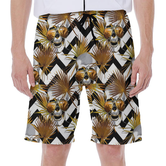Gold Tropical Skull Pattern Print Men's Beach Shorts