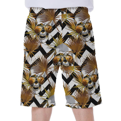Gold Tropical Skull Pattern Print Men's Beach Shorts