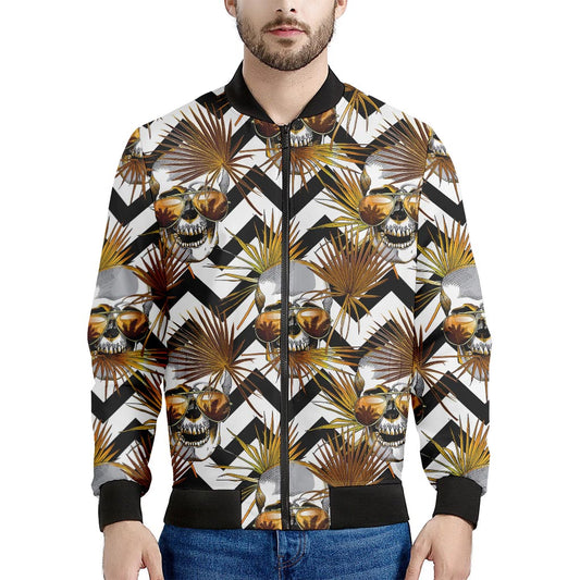 Gold Tropical Skull Pattern Print Men's Bomber Jacket