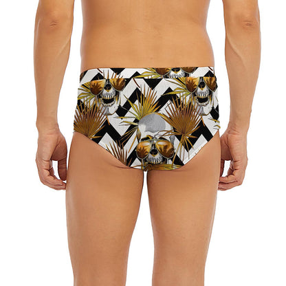 Gold Tropical Skull Pattern Print Men's Briefs