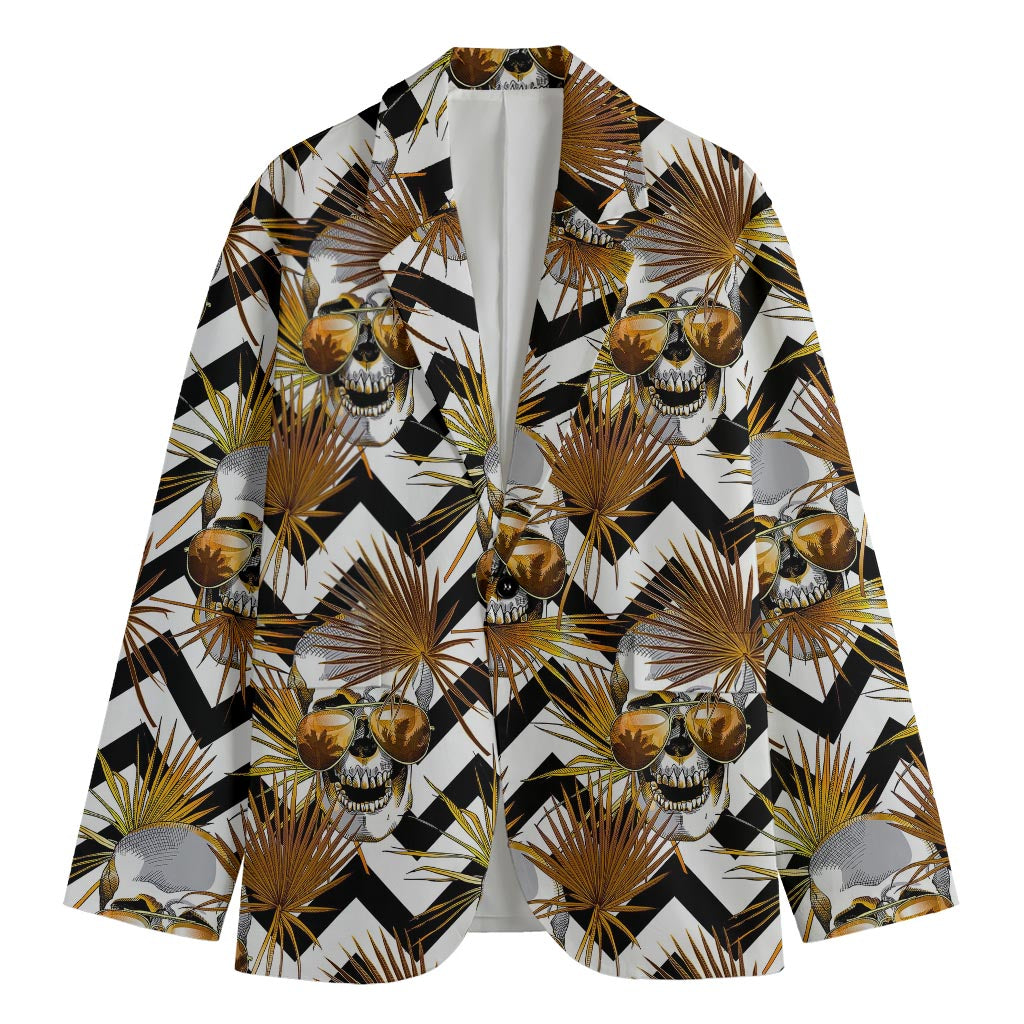 Gold Tropical Skull Pattern Print Men's Cotton Blazer