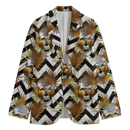 Gold Tropical Skull Pattern Print Men's Cotton Blazer