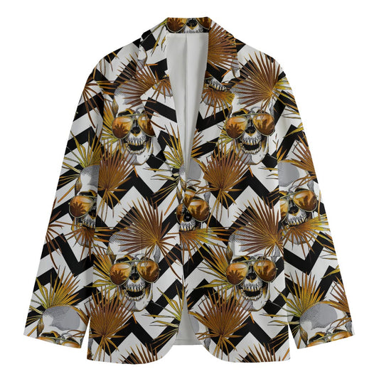 Gold Tropical Skull Pattern Print Men's Cotton Blazer