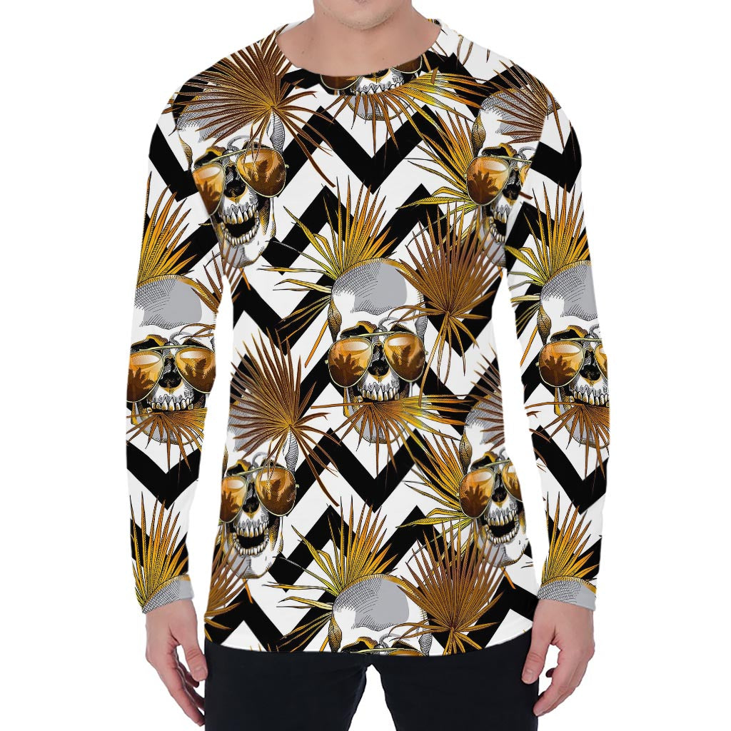 Gold Tropical Skull Pattern Print Men's Long Sleeve T-Shirt
