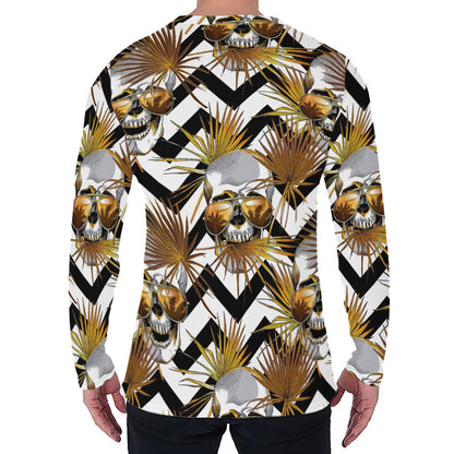 Gold Tropical Skull Pattern Print Men's Long Sleeve T-Shirt